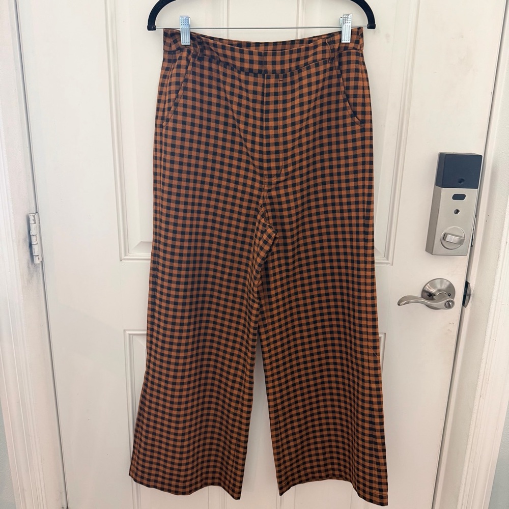 Free People Mott Street Gingham Trousers 8 | Brown Black Flare